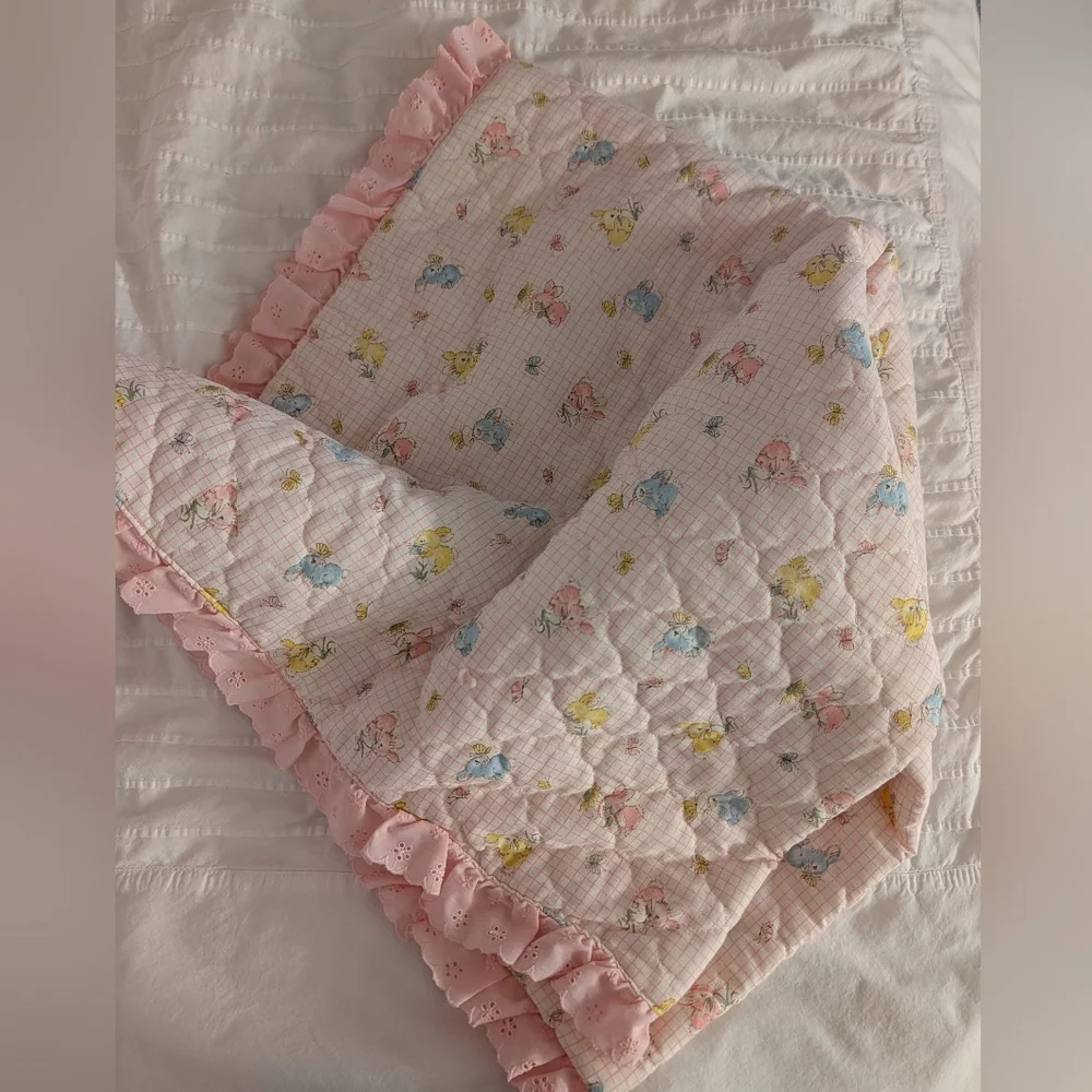 Vintage Handmade Baby Blanket - Adorable Bunnies & Pink Cotton Lace
